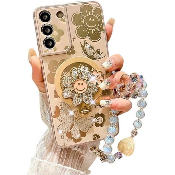 for Samsung Galaxy S25 Ultra Case for Women Girls for Magsafe,S25 Ultra Case Cute Bling Diamond Sunflower Kickstand,Glitter Girly Bead Pearl Strap Phone Case for Samsung S25 Ultra Gold