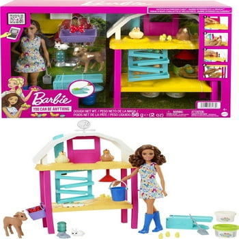 Barbie Hatch & Gather Egg Farm Playset with Brunette Doll, Hatching Activity, Coop & 10 Animals