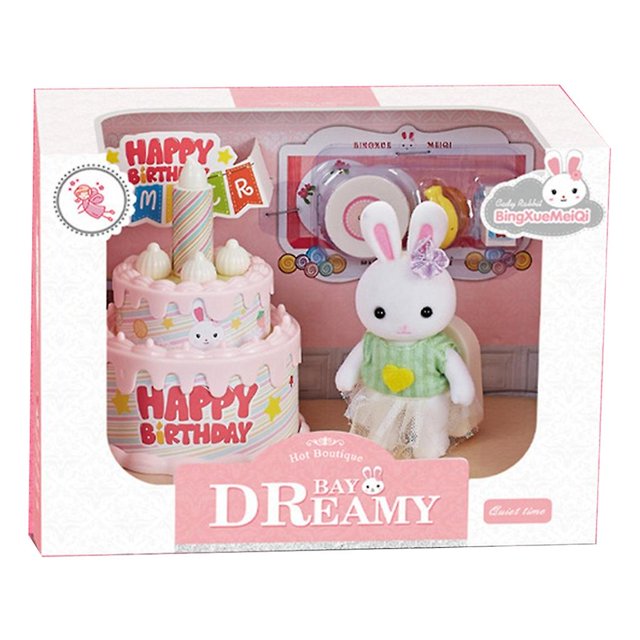 purple realista para jugar casa tocador/bañera preescolar niños juguete niñas favor g Set en caja rosa con conejito de juguete (vestido verde y falda de tul) y pastel de juguete de dos pisos con texto HAPPY BIRTHDAY; vista frontal muestra accesorios de tocador/bañera en el fondo; adecuado para juego de roles y decoración de habitaciones infantiles.