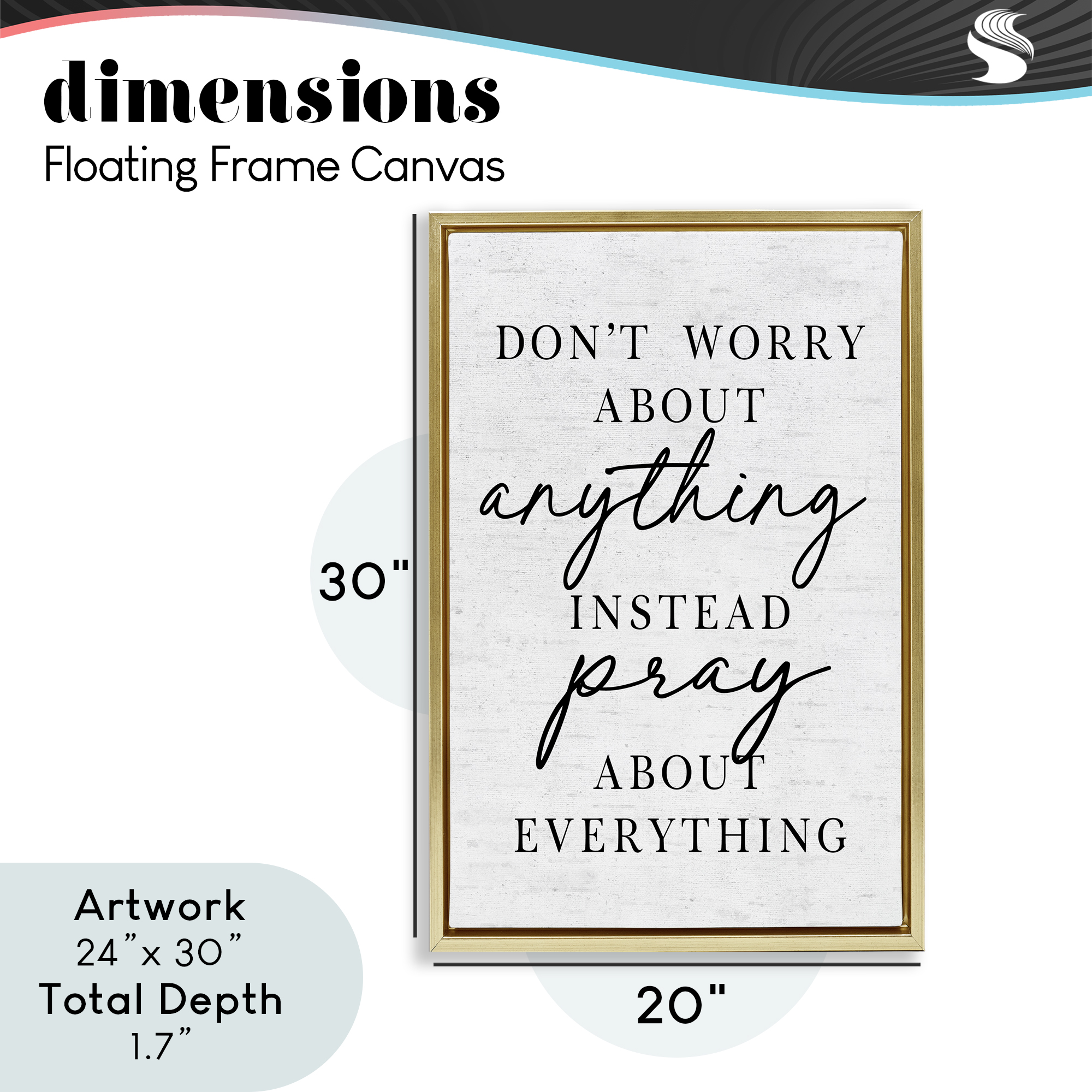 Pray Instead Of Worry Gold Framed Floater Canvas Wall Art, design by Lettered and Lined