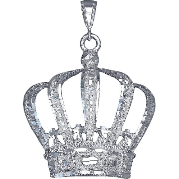 Large Sterling Silver Crown Charm Pendant Necklace 14 Grams 2.4 Inches with Diamond Cut Finish and 24 Inch Figaro Chain