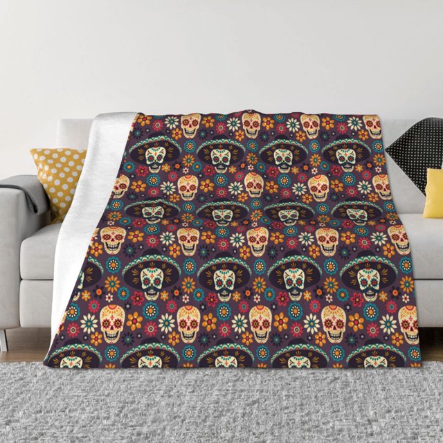 KLL Skulls and Flowers Print Fleece Throw Blanket, Horizontal Fleece Bedding Cute Soft Blankets Comfy Fleece Flannel Plush Home Decor for Couch & Bed-80"x60"