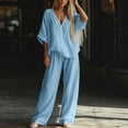 thumbnail image 5 of IUYRTFE Women's V-Neck Short Sleeve Top and Wide Leg Pants Set with Pockets Casual 2 Piece Lounge Outfit, 5 of 7