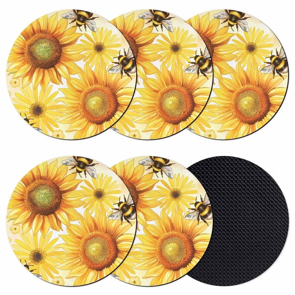 Sunflower Coasters Set of 6, Absorbent Coasters for Drinks, Yellow Floral Elegant Flowers Pastoral Coaster for Desk Coffee Table Protection, Home Decor House Warming Gifts 4"