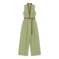 thumbnail image 6 of Guluxicc Women's Contrast Trim Elastic Waist Pleated Wide Leg Jumpsuit Casual Belted Stand Collar Sleeveless Loose Fit Rompers, 6 of 6