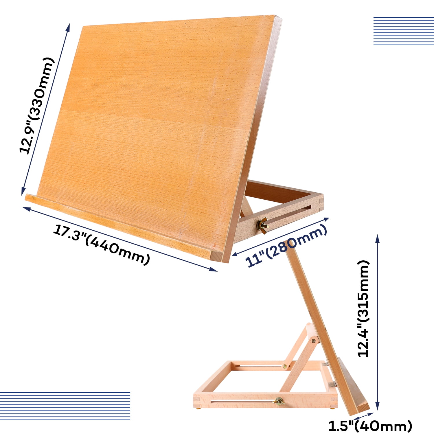 Artkey  Beech Wood Tabletop Easel with Adjustable Angles, Natural Wood Art Drawing Board for Painting & Sketching, Portable Desktop Easel with Shoulder Strap, 17.3 x 12.6 in, 1 Pack