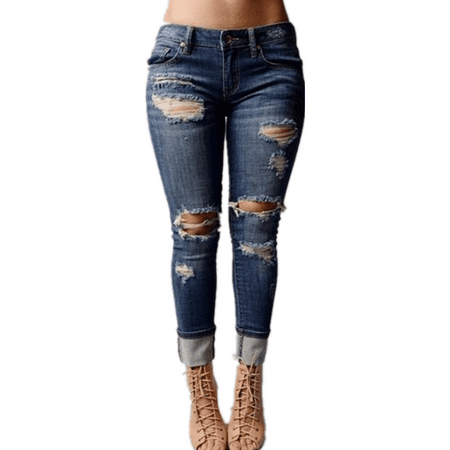 Light Washed Women Ripped Holes Jeans Pencil Pants Denim