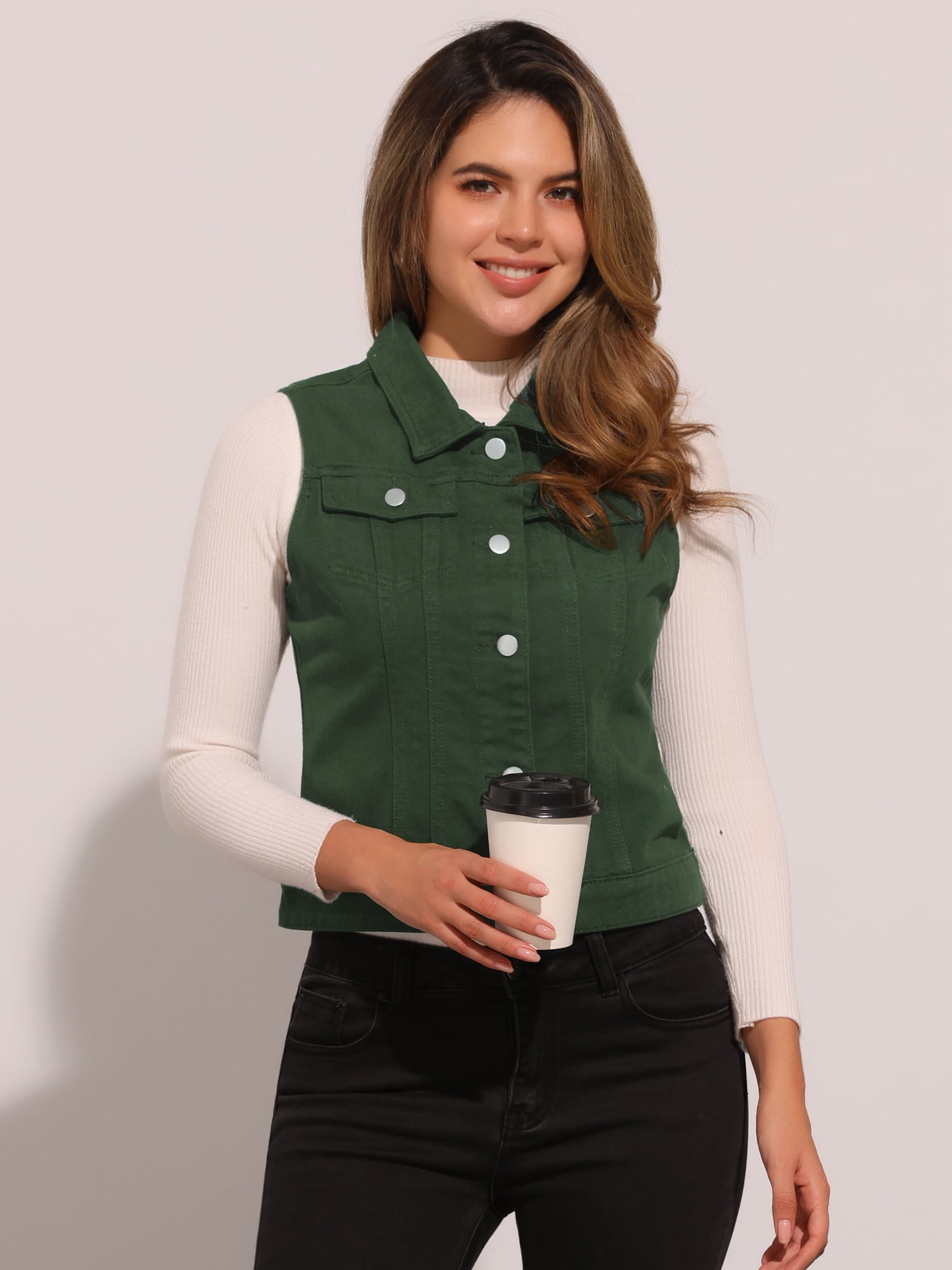DARING DIVA Women's Denim Sleeveless Flap Pockets Vest Jacket XL Dark Green