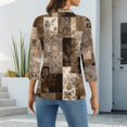 thumbnail image 3 of CCRFTGI 3/4 length sleeve womens tops Casual Polos Golf Lapel V Neck Collared Shirts Fall Vintage Floral Print Loose Button Down Tops Khaki M, 3 of 4