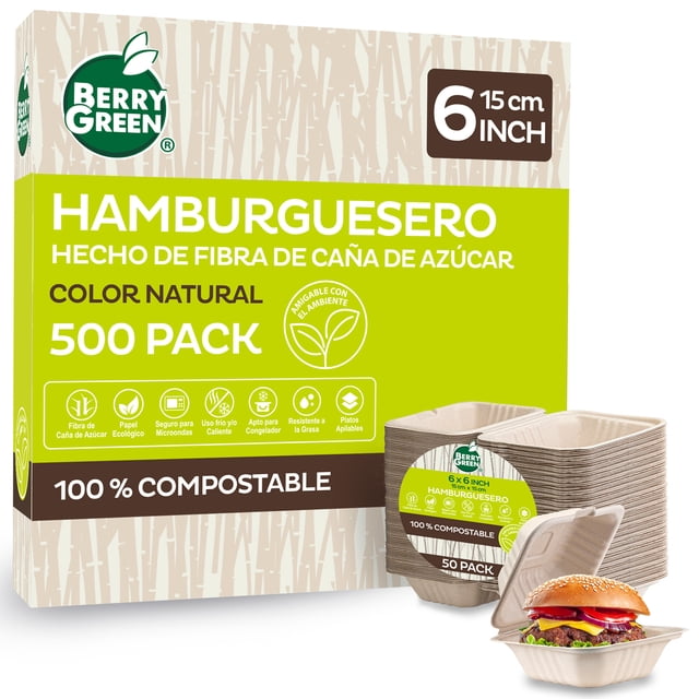 500 Platos Contenedores Charolas Desechables Hamburguesero Almeja 6x6'' Berry Green Compostable