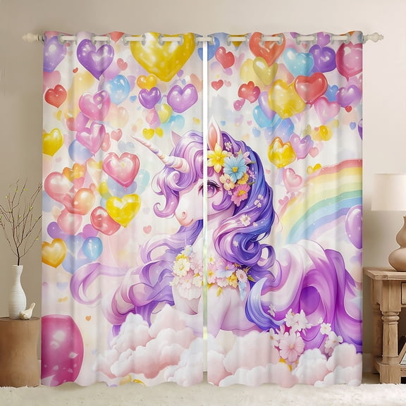 Feelyou Dreamy Purple Unicorn Black Out Curtains for Kids, Cartoon Love Heart Flower Curtains Pack of 2 (42x63 Each), Kawaii Anime Animal Bedroom Curtains, Living Room Curtains Decor