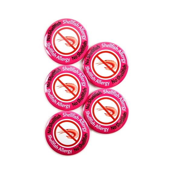 5 Pack - No Shellfish Food Allergy Warning Pinback Button Badges - 2.25 Inch Round