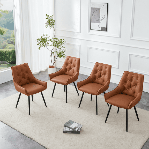 Gold Mesh Dining Chairs Set of 4, Faux Leather Upholstered
