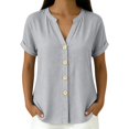 thumbnail image 3 of IMENGL Women's Button Down Shirts Basic Summer Color V Neck Up and Comfortable Short Sleeved Top . Loose Casual Outfits Blouse for Women,M-XXXL, 3 of 6