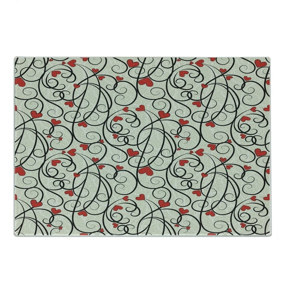Love Cutting Board, Wave Floral Heart Summer Swirl Illustration Flourishes Foliage Classical, Decorative Tempered Glass Cutting and Serving Board, Small Size, Eggshell Vermilion Black, by Ambesonne