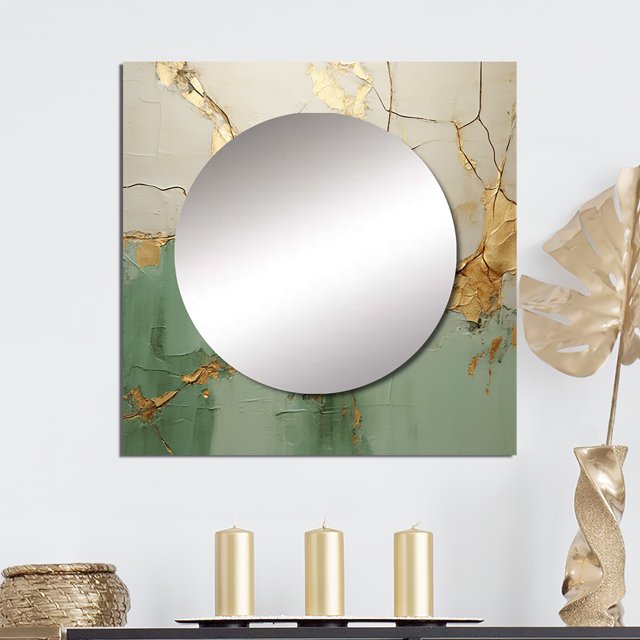 Designart "Gold Pottery In Green Minimalism" abstract spirals Square Mirror Wall Decor Modern - Large Green Square Bathroom Mirror - Square Printed Wall Mirror Art