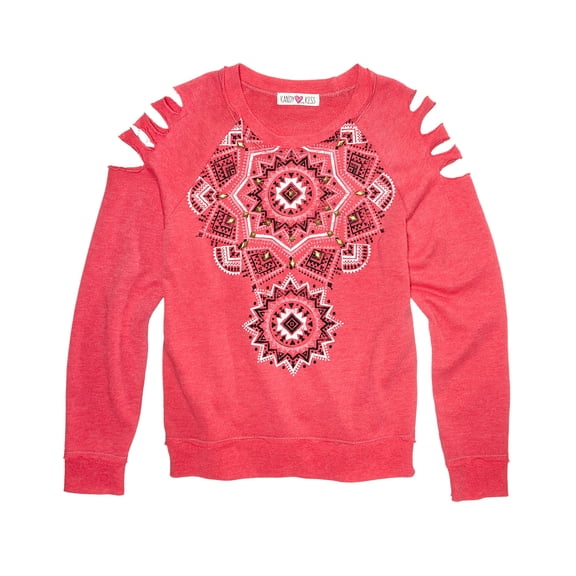 Kandy Kiss Girls Shredded-Sleeve Graphic Top Slash Sweatshirt (Small, Red)
