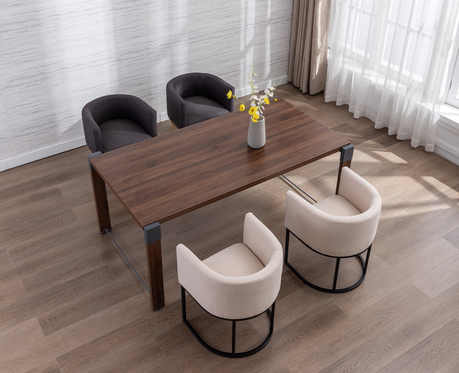 Guyou Modern Linen Dining Chair Set of 3, Mid-century Upholstered Barrel Kitchen Chairs Fabric Side Chair with Metal Legs and Curved Back for Living Room Dining Room Bedroom, Cream