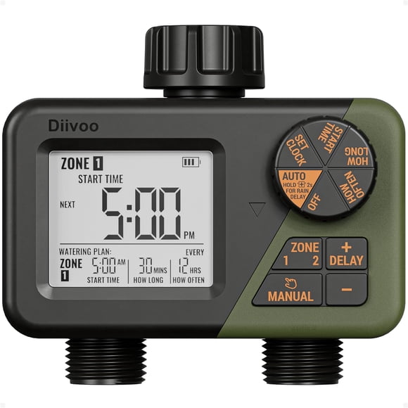 Diivoo Sprinkler Timer 2 Zone, Programmable Water Hose Timer 2 Outlet for Garden, Automatic Irrigation Timer IPX5 with Rain Delay/Manual, Outdoor Hose Timer Controller fo