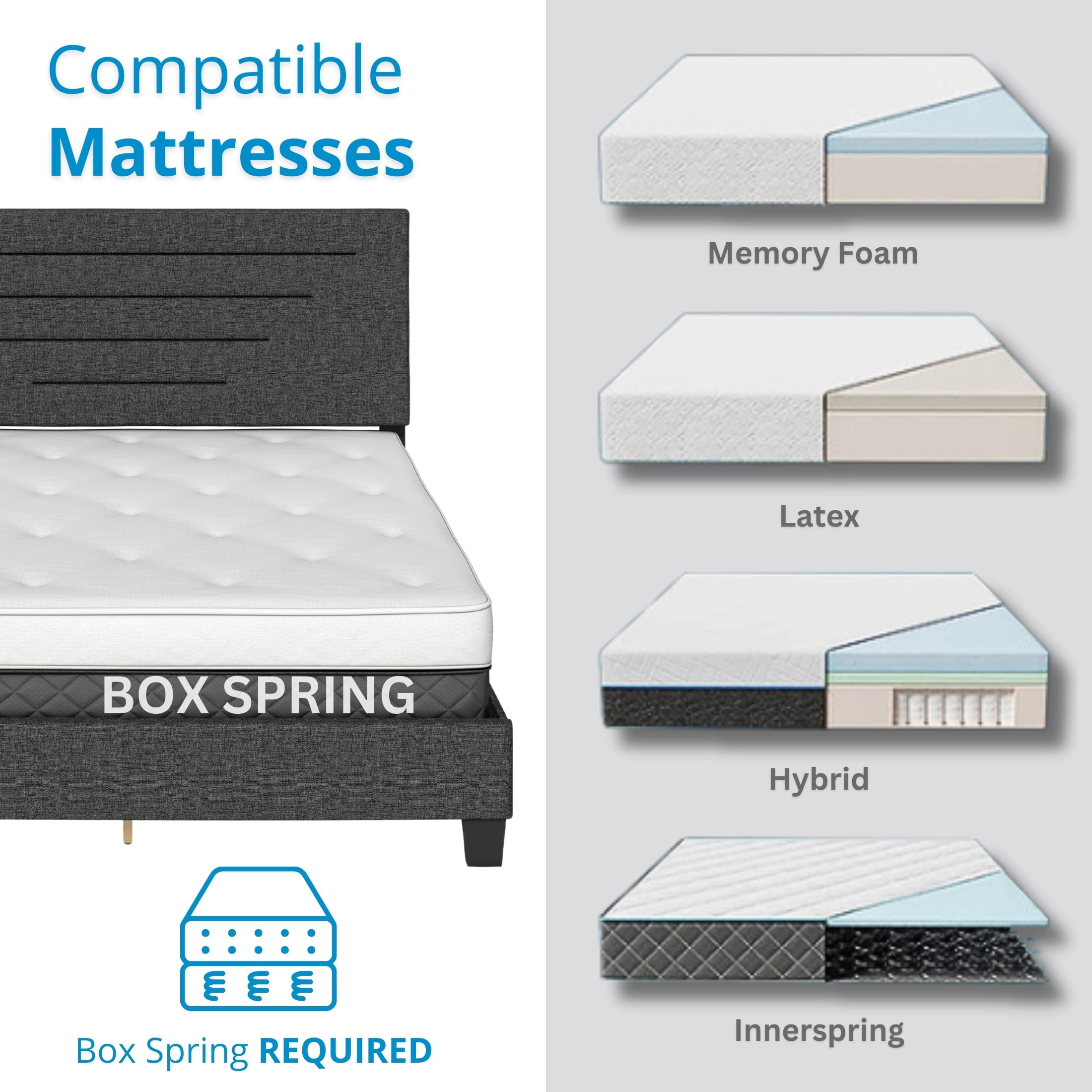 Boyd Sleep Cordoba Black Linen King Size Fully Upholstered Platform Bed Frame with Adjustable Headboard, Qualified Box Spring or Foundation Required for Use