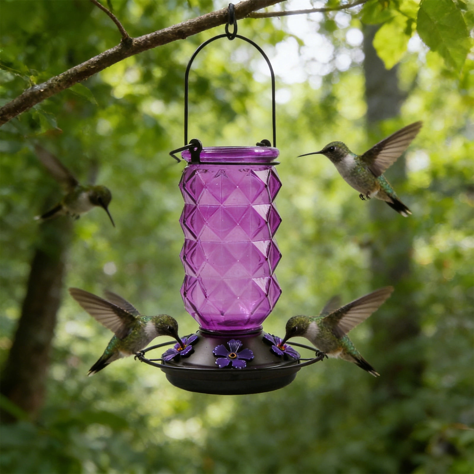 BZPIZ Hummingbird Feeders for Outdoors, Hanging Glass Bowl Hummingbird Feeder with Flower Shaped Feeding Ports, Bird Baths for Hummingbirds, Garden Patio Backyard Lawn Decor Purple