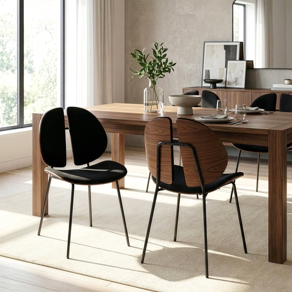 Set of 2 Beau Black Microfiber Fabric Dining Chair with Walnut Back Accent