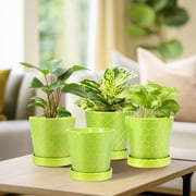 BUYMAX 5 Ceramic plant pots with drainage hole and tray, 4-Pack-4-patterns, gardening home desktop office windowsill decoration, green flower pots indoor