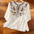 thumbnail image 3 of Summer Women Boho T-Shirts Floral V Neck Embroidered Tops Short Sleeve Loose Casual Flowy Trendy Shirts White 2XL, 3 of 6