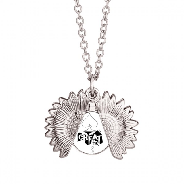Heart Playing Cards Gambling Utensils Pattern Sunflower Necklace Pendant Locket Jewelry