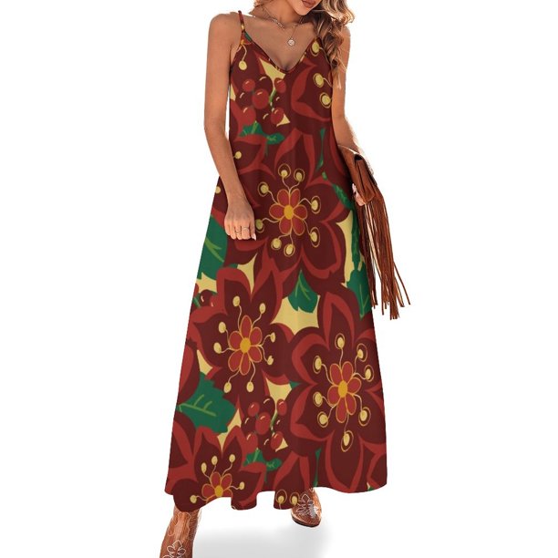 Vestido vintage bohemio de Navidad con flores de pascua. Vestidos sin mangas para eventos especiales, vestidos elegantes de mujer para bodas