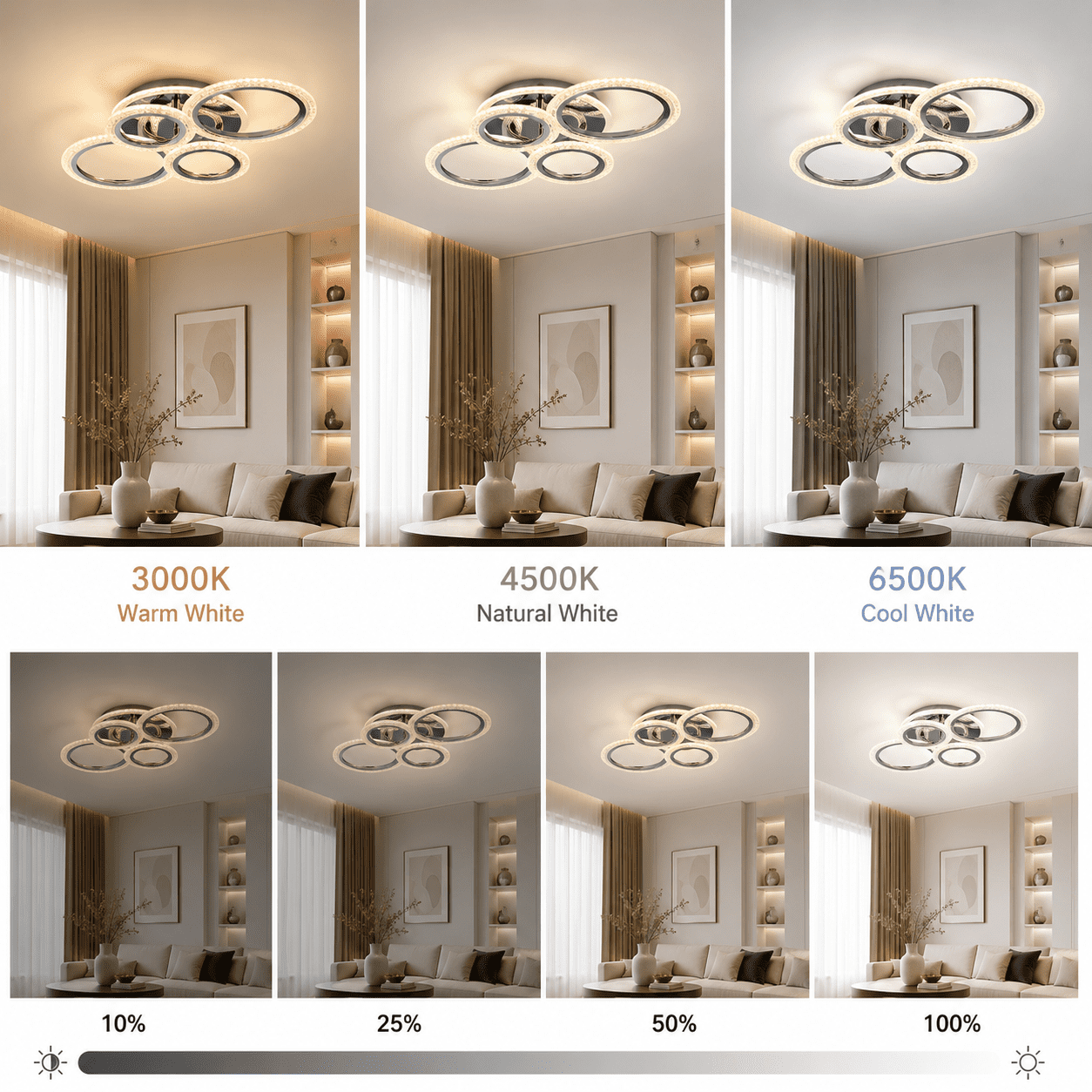 Garwarm Chrome 6-Ring LED Ceiling Light, Modern Dimmable 3000K-6500K Flush Mount Ceiling Light with Remote, Acrylic Ring Ceiling Lamp Fixture for Living Room, Dining Room, Bedroom
