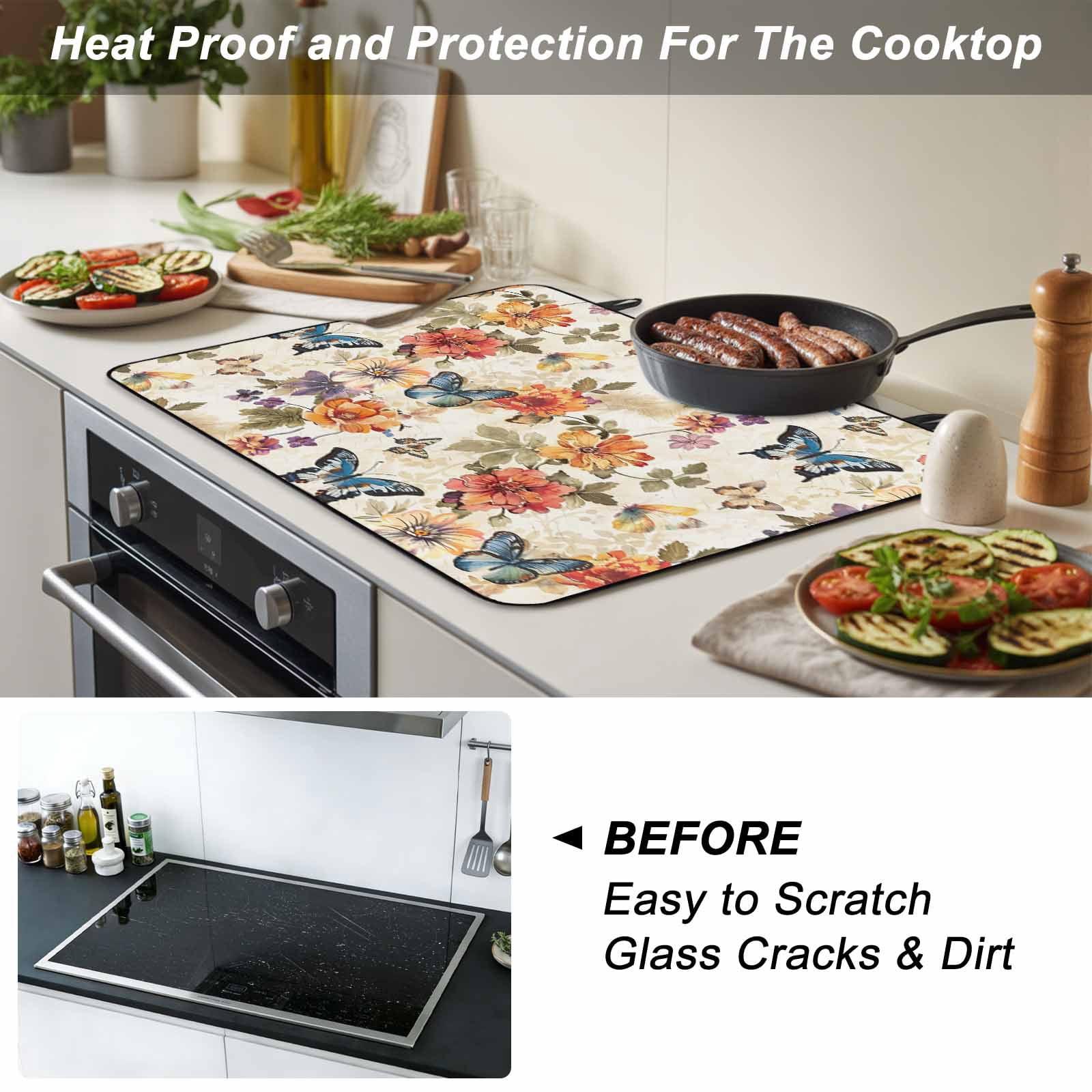 Spring Floral Stove Top Cover for Electric Stove, Heat-proof & Non Slip Glass Top Stove Cover Protector, Colorful Vintage Botanical Butterfly Kitchen Flat Cooktop Rubber Mat 24x21 Inches