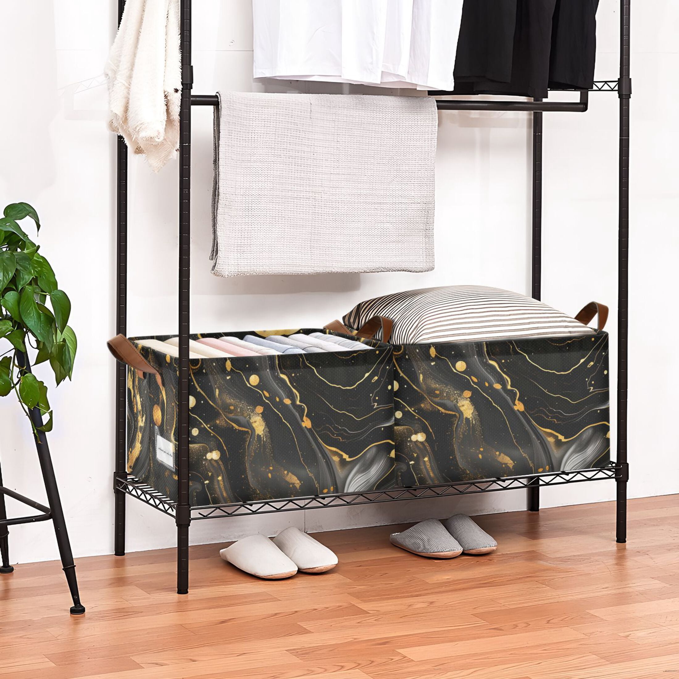 Ryvnso Luxury Black and Gold Marble Storage Bins Large Basket Foldable Cube Toys Organizer with Handles 2 PCs