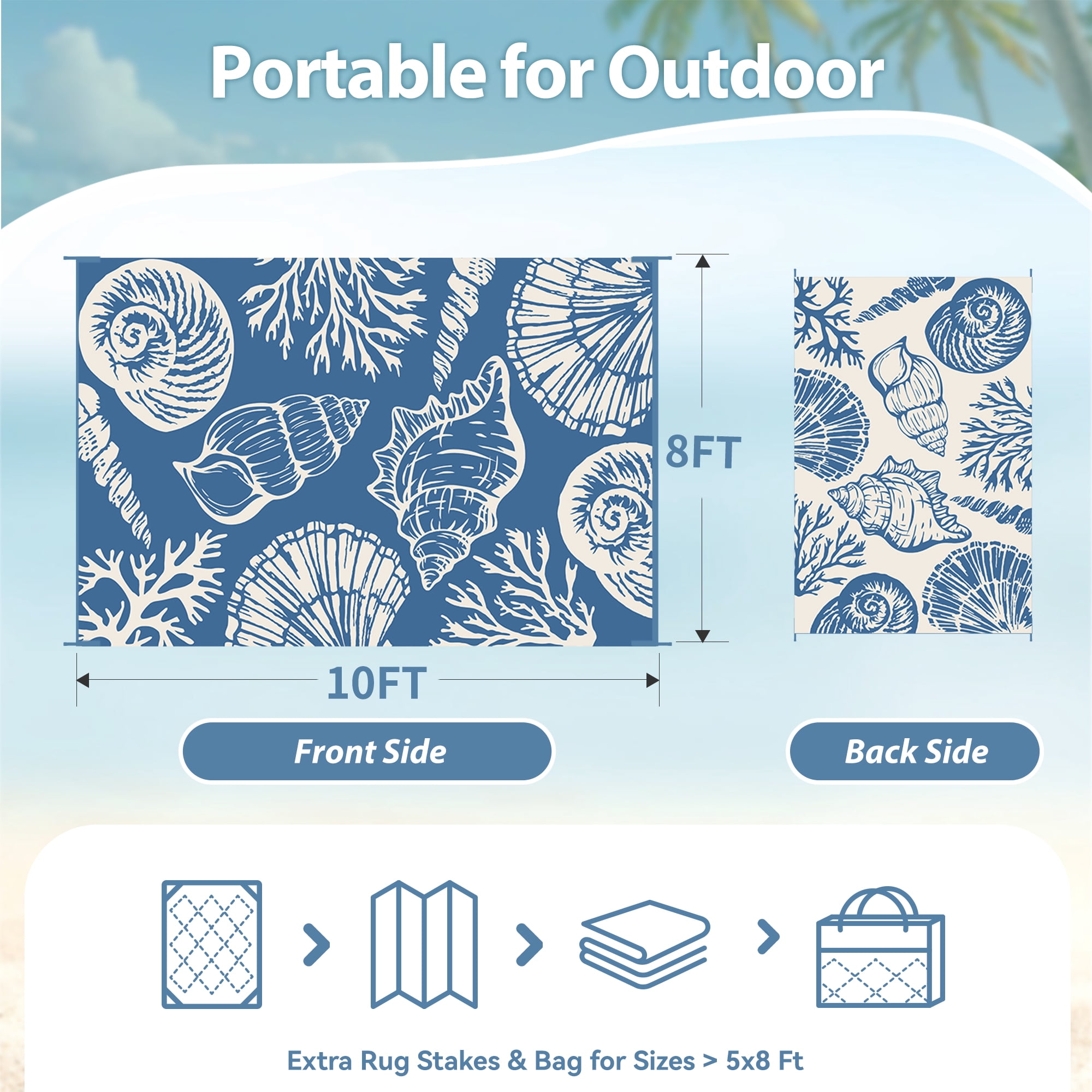 SIXHOME 8'x10' Waterproof Reversible Outdoor Rug, Coastal Ocean-Inspired Patio Rug, Lightweight Woven Plastic Carpet for RV, Camping, Deck & Balcony, Blue