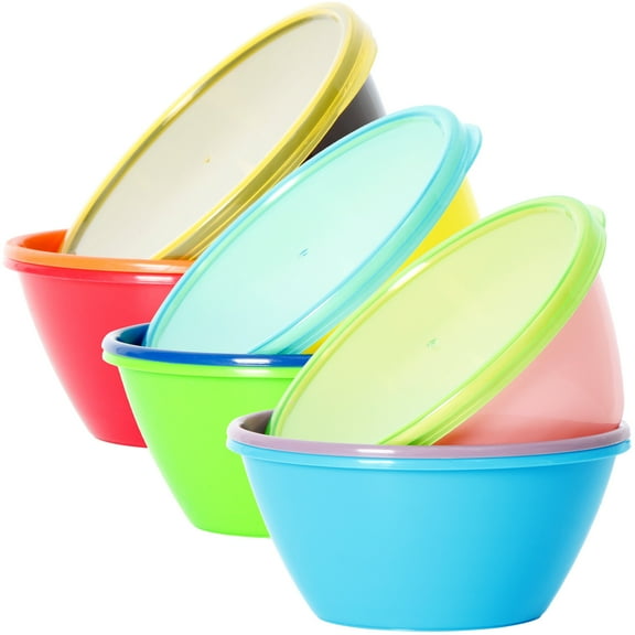 12 Ounce Plastic Bowls with Lids, Snack Bowls, Small Bowls, Food Storage Containers, Set of 9 in 9 Assorted Colors YE390.890