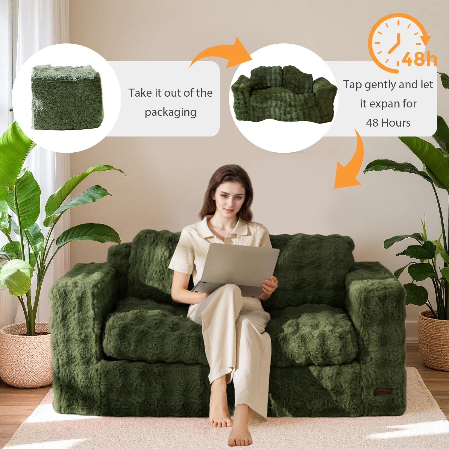 GOODONE Bean Bag Chair Sofa,Giant Loveseat Bubbled Boneless Couch,Modern Soft Comfy Plush Lazy Sofa for Living Room and Apartments,No Assembly Required,Green