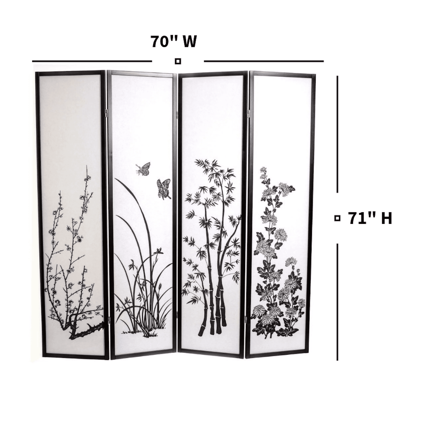 Legacy Decor Japanese Oriental Style Bamboo Flower Design 4 Panel Room Divider 71" Tall Black