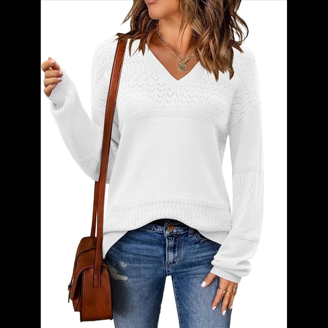 Suéteres de Otoño para Mujer, Informales, de Larga, de Punto Acanalado, con Cuello en V y Ligeros de Crochet. Sólido XXL