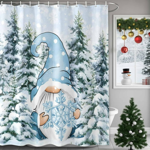 Christmas Blue Gnome Shower Curtains for Bathroom, Snowflakes Xmas Trees Winter Snow Scene Waterproof Fabric Shower Curtain for Bathroom Bathtub Decoration, Machine Washable, 72"x84"