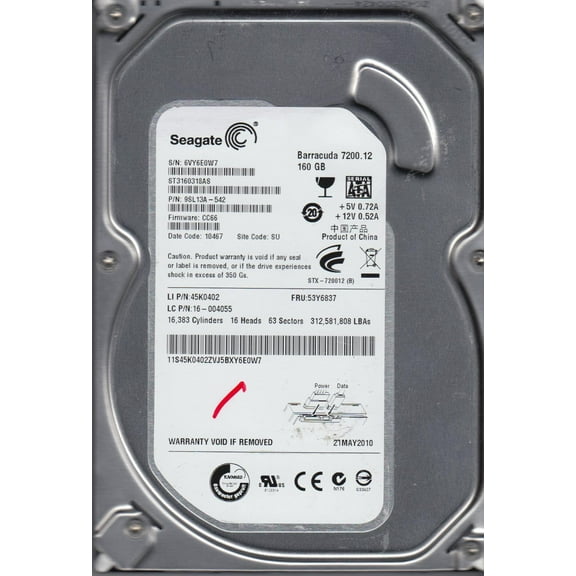 ST3160318AS, 6VY, SU, PN 9SL13A-542, FW CC66, Seagate 160GB SATA 3.5 Hard Drive