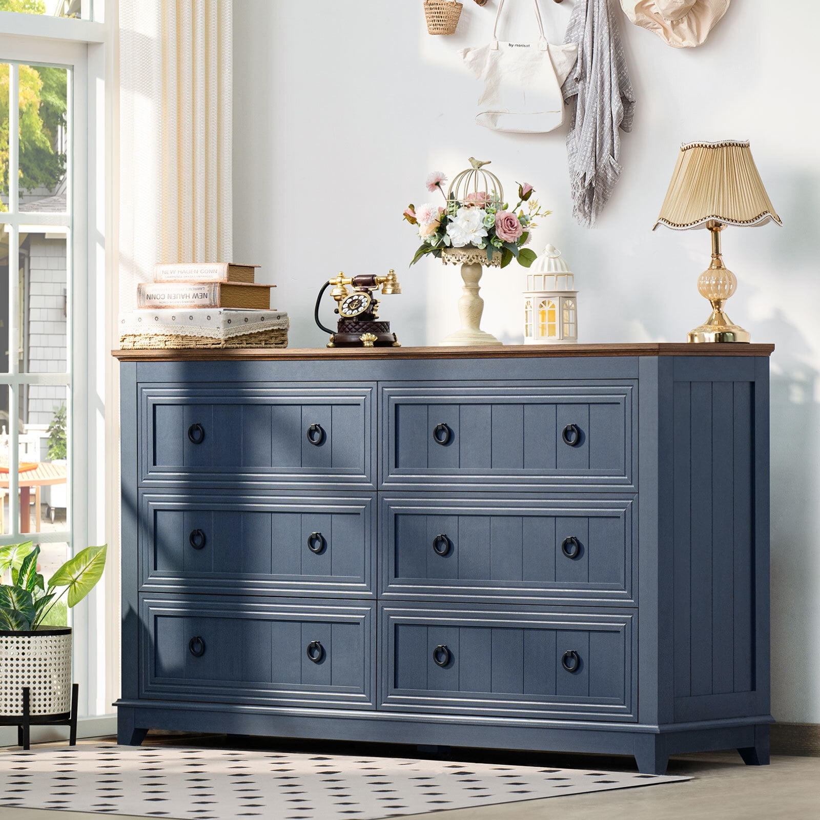 6 Drawer Dresser, Mid Century Modern Dresser with Storage, 54" Wide Chest of Drawers with Wood Grain Texture for Bedroom, Living Room, Hallway, Blue
