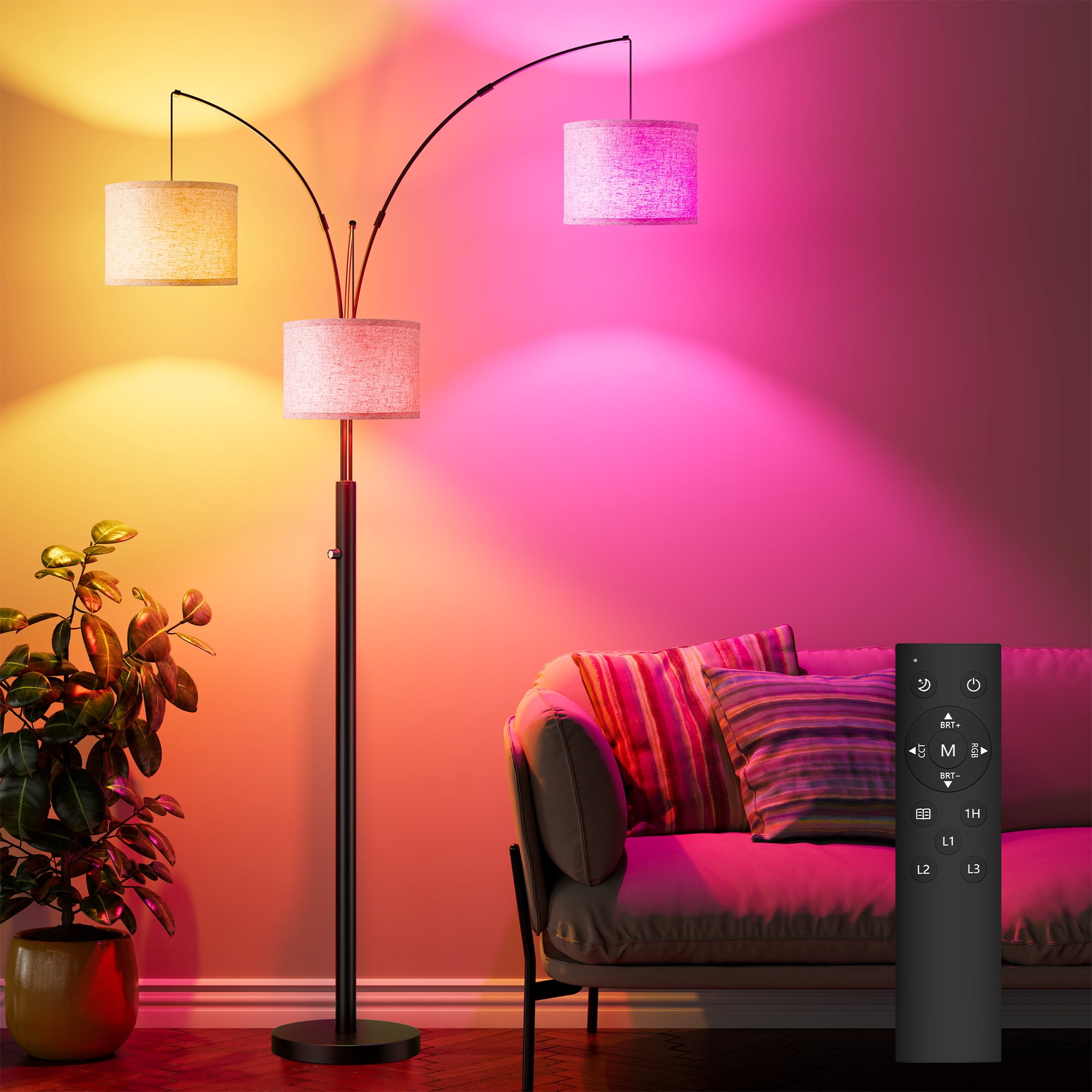 Newest 67” Modern 3-Head LED Floor Lamp with 3-Color Dimmable Light, Adjustable Black for Living Room