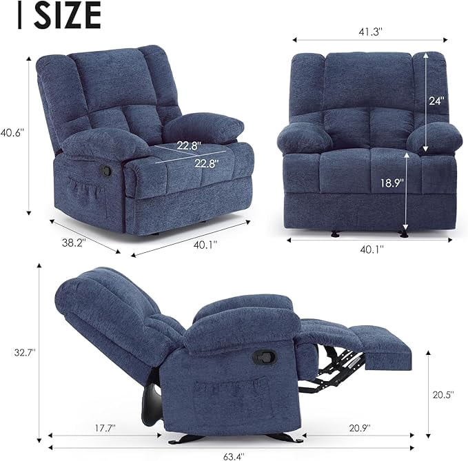 MAYEERTY Blue Oversized Rocking Recliner Sofa for Adults, Chenille, Ergonomic, Perfect for Living Room