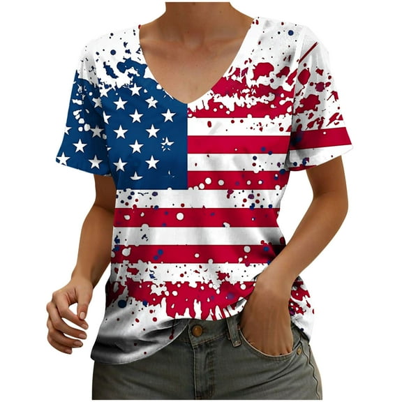 VerPetridure Patriotic Shirts for Women American Flag Shirt 4th of July Short Sleeve V-Neck Graphic Tee USA Star Stripes Tops