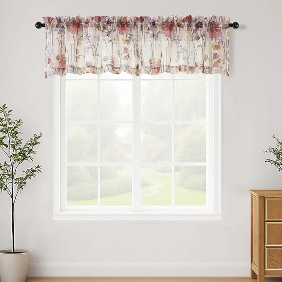 Crushed Valances for Windows 14 Inch Length 2 Pcs, Printed Short Sheer Curtains Kitchen Valance, Rod Pocket Small Curtain Window Treatments for Bedroom Living Room Bathroom, 42" W x 14" L