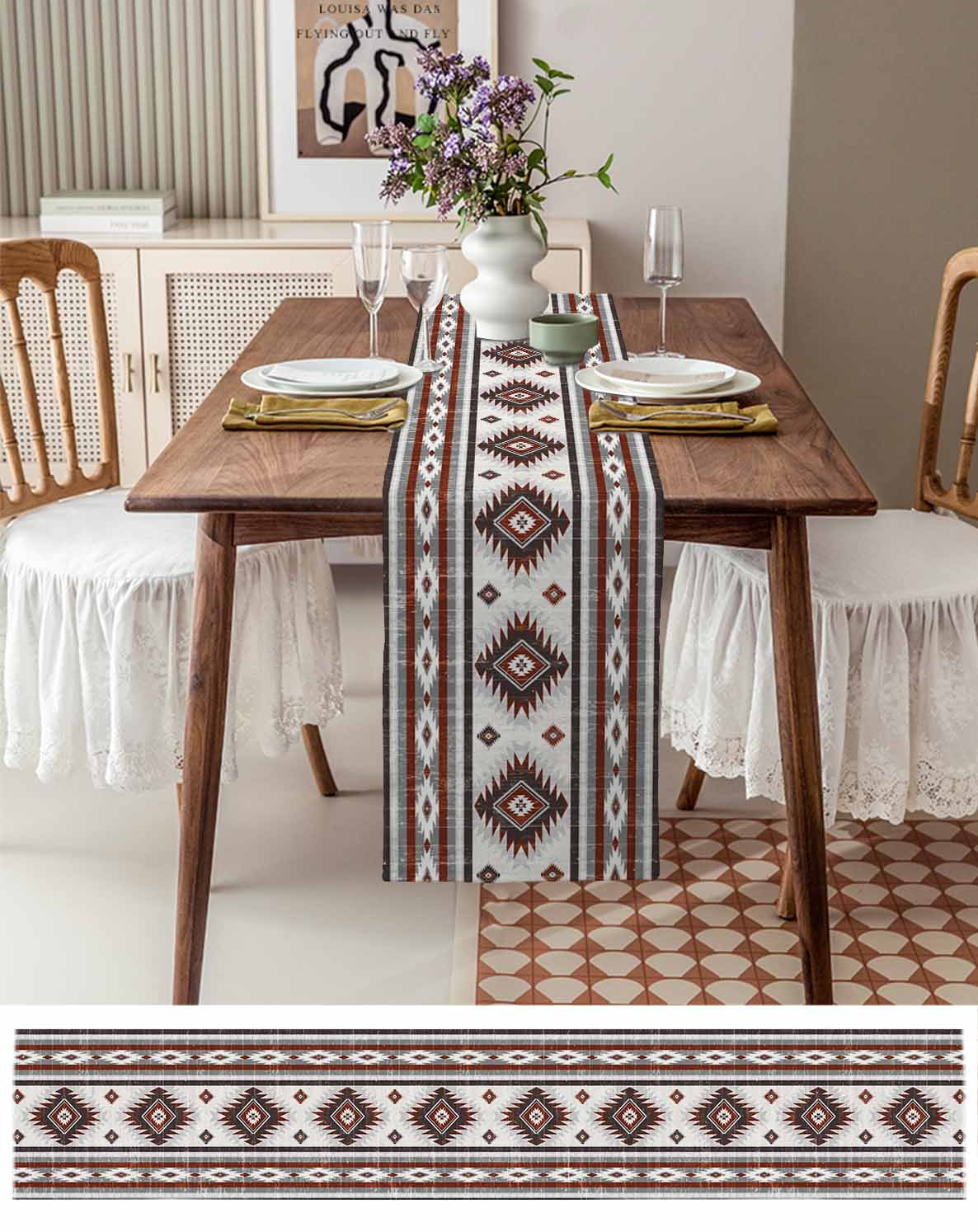 Red Grey Burlap Cotton Table Runner 13x90 Inches Long, Southwestern Boho Aztec Ethnic Abstract Print Farmhouse Table Runners, Outdoor Dining Tablecloths Decor for Baby Shower/Party/Wedding