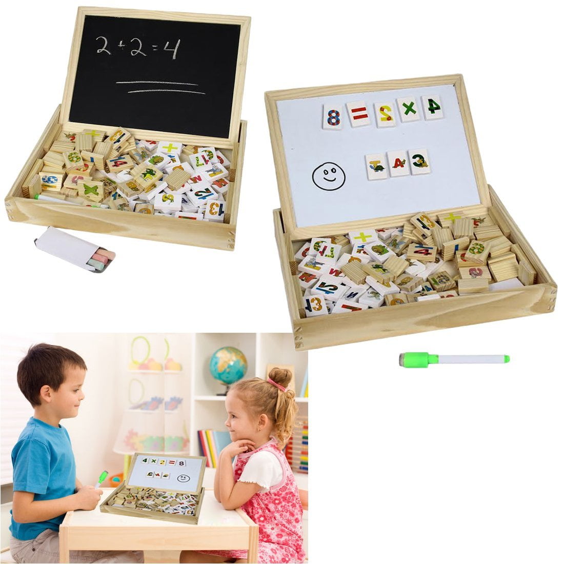 Wooden Alphabet Number Blocks With Case Magnetic White Board and Black Board