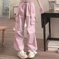 thumbnail image 2 of Baberdicy Cargo Pants Womens Baggy Cargo Pants Streetwear Hip Hop Joggers Sweatpants Drawstring Casual Loose Wide Leg Trousers Girl Casual Pants, B-Pink, Size: M, 2 of 9