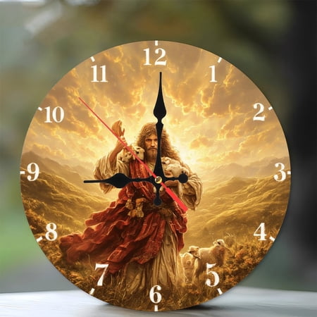 Jesus Christ Shepherd Wall Clock Religious Gift Home Decor 10-Inch Silent Wooden Wall Clock, Battery Operated (AA Batteries Not Included), Artistic Home Decor