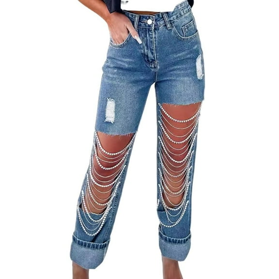 LYMAYTER Womens Ripped Jeans High Waisted Rhinestones Chain Party Straight Trousers S-XL